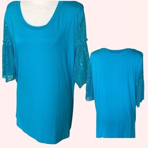 NWT Life Style Woman Turquoise Blue Lace Bell Sleeve Top Size 1X